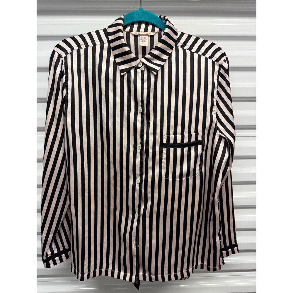 Victorias Secret Pink Black Striped Satin Pajama Set Long Sleeve Button Up M